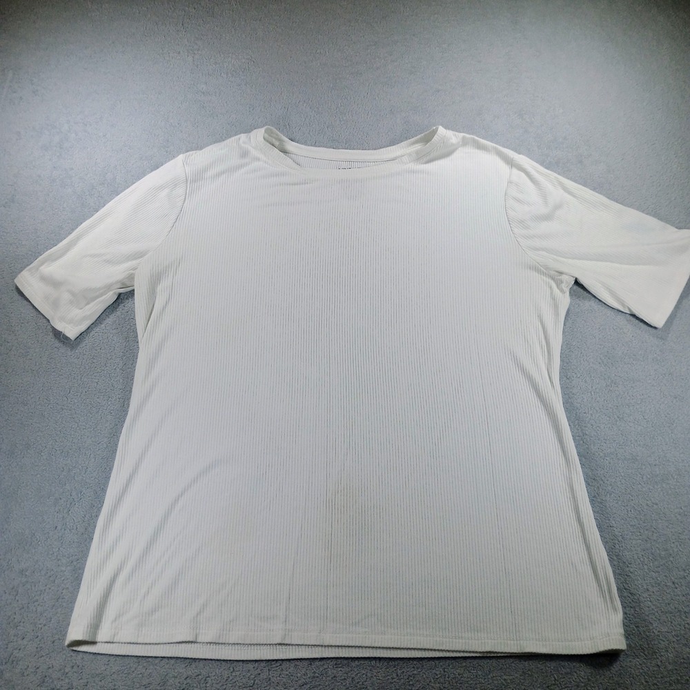 Nine West Womens Soft Spun Ribbed‎ Knit Top White XL Short Sleeve Crew Neck